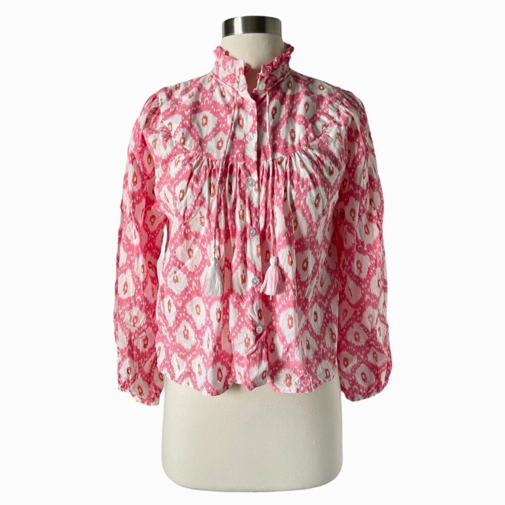 Marea Georgia Top XS Golden Hour Pink Print Cotton Tassel Tie Ruffle Blouse - Picture 9 of 9